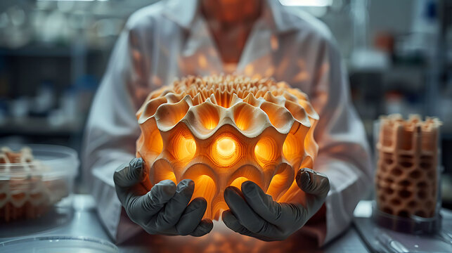 Medical doctor in gloves and a lab coat holding a glowing wooden radius model showing the radial head and styloid process demonstrating its structure