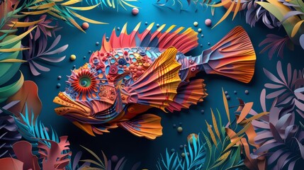 Naklejka premium Realistic cut out of an Anglerfish, isometric style, Attractive colors, holding vibrant seaweed, surrounded by colorful marine foliage, centered in frame