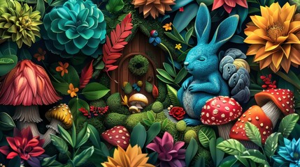 Obraz premium Realistic cut out of Animals by number of neurons, isometric style, Attractive colors, holding various colorful herbs and mushrooms, surrounded by vibrant foliage, centered in frame