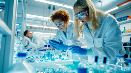 Two scientists wearing lab coats and protective eyewear examine samples in a laboratory setting