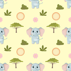 Nursery seamless pattern digital illustration with elephants, plants and sun on color background. Hand drawing. Perfect for kids apparel, fabric, textile, nursery decoration, wrapping paper and print.