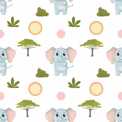 Nursery seamless pattern digital illustration with elephants, plants and sun on color background. Hand drawing. Perfect for kids apparel, fabric, textile, nursery decoration, wrapping paper and print.