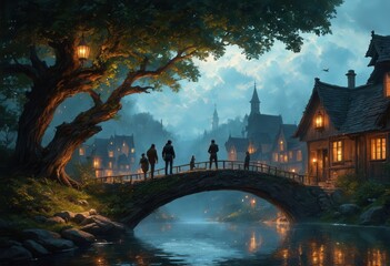 Fototapeta premium Moonlit Bridge over a Calm River in a Fairy-Tale Village with a Church and Lights in the Background