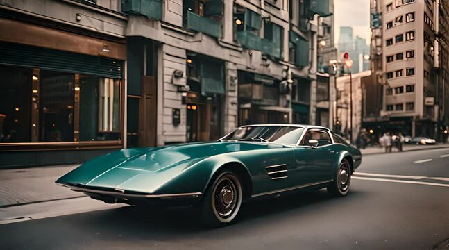 Retro car on city street