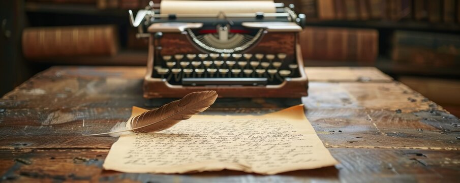 A vintage typewriter with a completed poem and a quill pen (realistic)