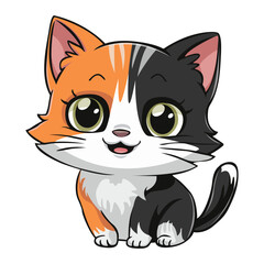 Obraz premium Cute kitten, ginger black cute kitten, drawing, happy pet, graphic, cat. Sticker, image on children's stationery. Isolated on white background. 