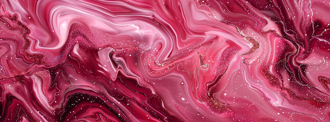 Obraz premium A beautiful abstract background of pink and red marble texture with glittery swirling patterns and splashes of color. It is a beautiful pattern of marble and glitter. 