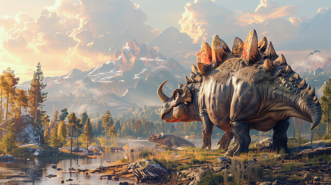 A large, spiked dinosaur stands by a river in a lush, mountainous landscape at dawn. The creature is facing away from the viewer, with its head turned back towards the camera