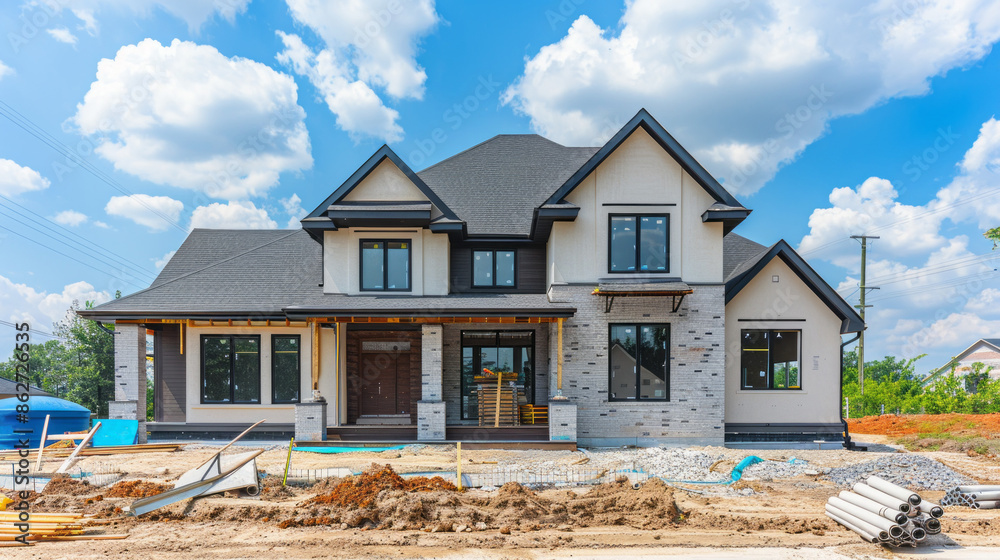 Poster a large house with a lot of windows and a black roof. the house is in the process of being built