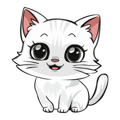 Cute kitten, white cute kitten, drawing, happy pet, graphic, cat. Sticker, image on children's stationery.   Isolated on white background. 