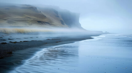 Black sand. Foggy beach landscape in iceland