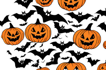 A playful design featuring pumpkins and bats on a white background, showcasing a mix of autumnal and spooky elements