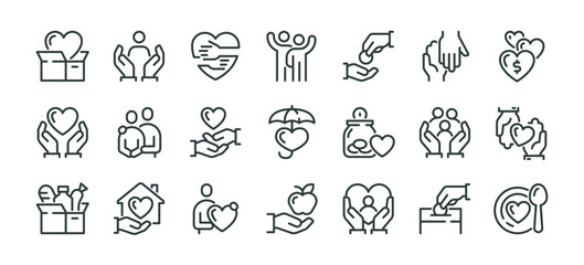 Premium Icons Pack on Charity and Donations. Such Line Signs as Volunteering and Compassion, Philanthropy Contribution and Sponsorship. Vector Icons Set for Web and App Outline Editable Stroke.