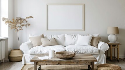 Rustic coffee table and wicker basket near white sofa against wall with art frame. Boho, country interior design of modern living room. Generative AI