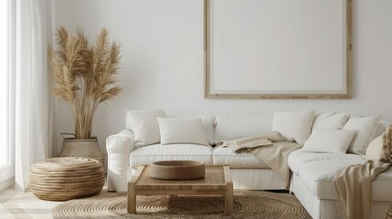 Rustic coffee table and wicker basket near white sofa against wall with art frame. Boho, country interior design of modern living room. Generative AI