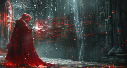 On each side a wizard is using a chip wafer to cast a code spell at the other wizard. In the middle the spells of code coming out of the chip wafers meet. Red and black theme. Generative AI.