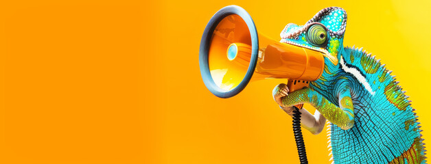 Chameleon holding  megaphone. Promotion, action, holiday, ad, job questions. Vacancy. Business discount concept, communication, information, news, team media