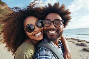 A couple is smiling and posing for a picture on a beach. The woman is wearing sunglasses and the man is wearing glasses. Scene is happy and carefree
