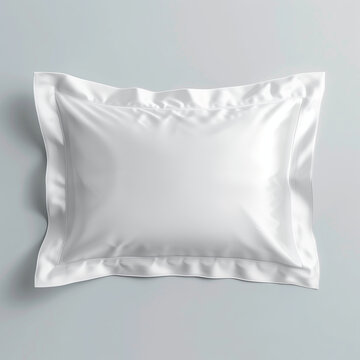 isolated photo of a rectangular pillow in a white pillowcase with bodrers on a light gray background. Сotton, lyocell, silk or polyester