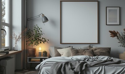 Cozy bedroom with a blank canvas on the nightstand