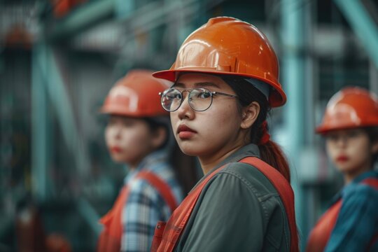 A woman wearing an orange hard hat and safety glasses stands in front of three other women wearing orange safety gear - Powered by Adobe