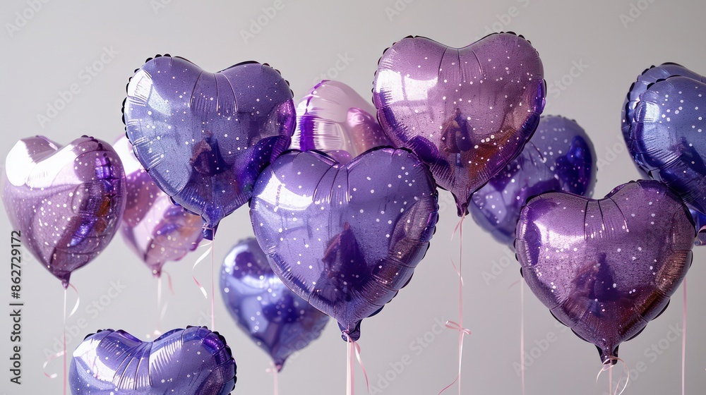 Poster a bunch of purple and pink balloons in the shape of hearts. the balloons are hanging from the ceilin