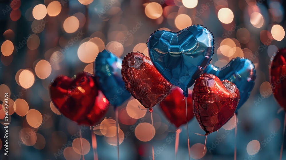 Poster A bunch of heart shaped balloons in red and blue. The balloons are arranged in a row and are all facing the same direction