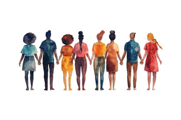 Obraz premium A watercolor painting depicting a diverse group of people holding hands, symbolizing unity, diversity, and community, with a colorful and harmonious composition