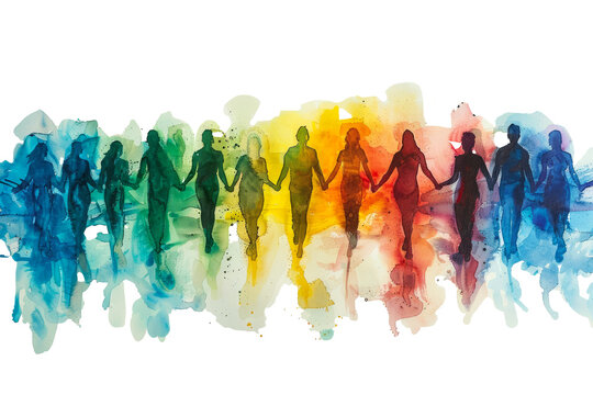 Aquarelle silhouettes of people holding hands in a rainbow-colored background, representing unity and diversity in an artistic style
