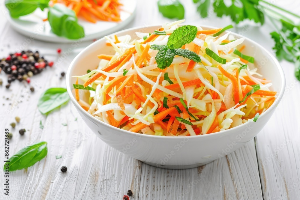 Wall mural a bowl of salad with carrots and mint. the salad is served on a wooden table