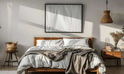 Modern bedroom with an empty frame on the nightstand