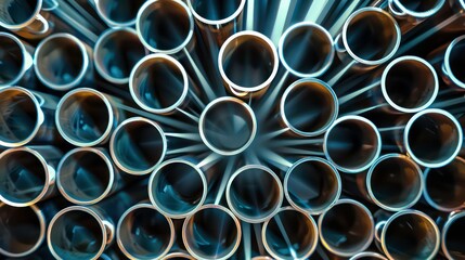 Stack of stainless steel pipes background , metallurgical industry backdrop concept image. Generative AI