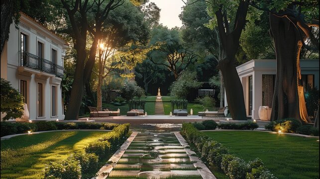 Mode white green luxury backyard has many trees inspired luxury interior design aesthetics, jewel tones. Generative AI.