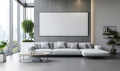 Fototapeta premium Minimalist living room with a blank canvas on the shelf