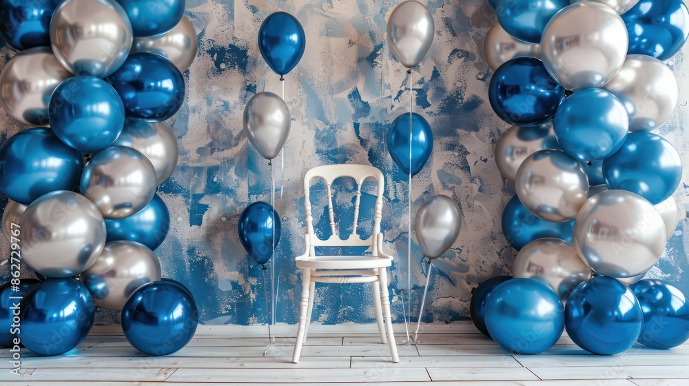 Poster a chair is sitting in front of a wall of balloons. the balloons are blue and silver, and they are ar