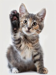 Fototapeta premium Tabby Kitten Reaching Up with Paw on White Background