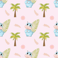 Nursery seamless pattern digital illustration with hippopotamus, plants and sun on color background. Hand drawing. Perfect for kids apparel, fabric, textile, nursery decoration, wrapping paper and