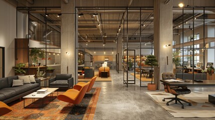 Modern open plan office interior with comfortable workstations, lounge areas and natural light. Concept of coworking, startup, and collaborative workspace.