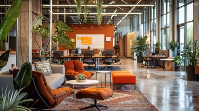 Modern open plan office interior with coworking space, communal area, and natural light.  Great for startups, freelancers, and remote workers.