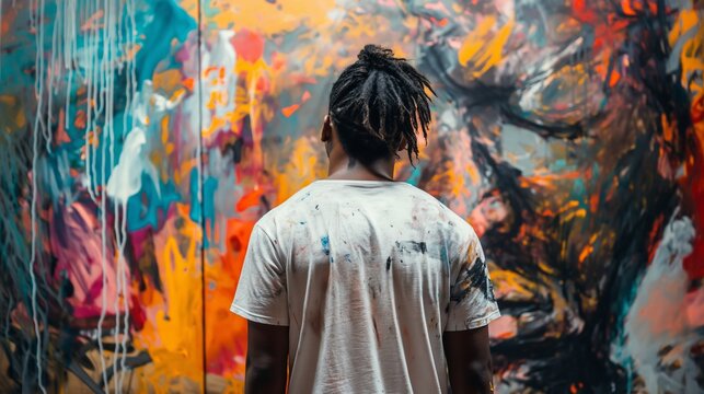 An artist with dreadlocks stands in front of a colorful, abstract painting, wearing a paint-stained shirt. - Powered by Adobe