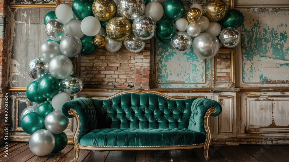Poster a green couch is surrounded by a bunch of balloons. the couch is the main focus of the image, and th