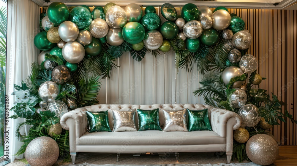 Poster a green and silver couch is surrounded by a bunch of balloons. the balloons are scattered around the