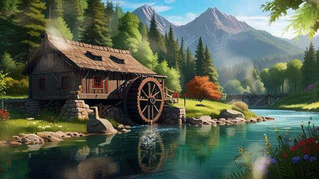 wooden house and watermill next to a river and forest with mountains in the background, in anime or cartoon style. Seamless looping 4k video animation