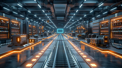 Fototapeta premium Wide view of a modern industrial factory interior, featuring conveyor belts, machinery, and bright LED lights, highlighting advanced manufacturing.