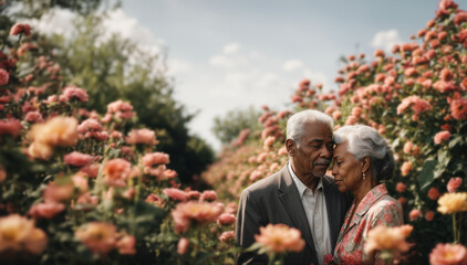Obraz premium Romantic portrait of gorgeous elderly couple in a flower garden