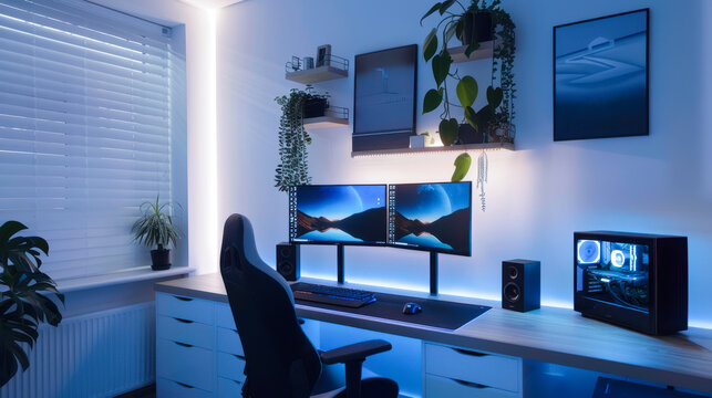 Modern Home Office with Dual Monitors and LED Lighting. A sleek, modern home office setup featuring dual monitors, ambient LED lighting, and plants, creating a productive and stylish workspace.