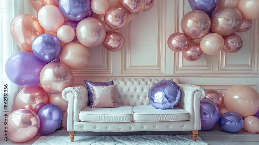 Poster a couch is surrounded by a bunch of balloons in different colors. the couch is white and the balloon
