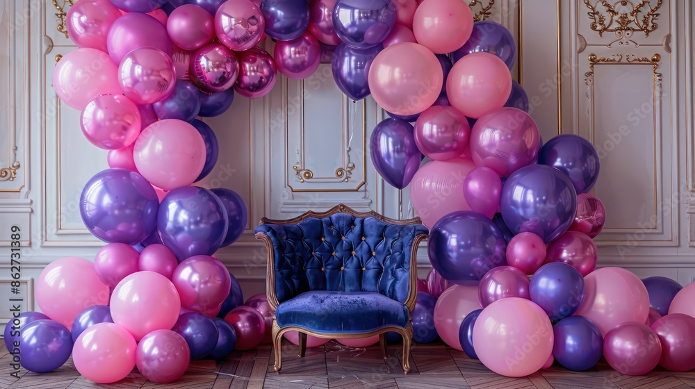 Poster a room with a blue chair and pink and purple balloons. the balloons are arranged in a way that creat