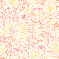 Fun hand drawn summer seamless pattern, cute doodles like palm trees and water melon, great for textiles, banners, wallpapers, wrapping - vector design
