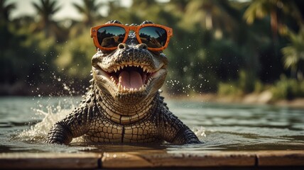 A cool crocodile sporting sunglasses while swimming in the water.